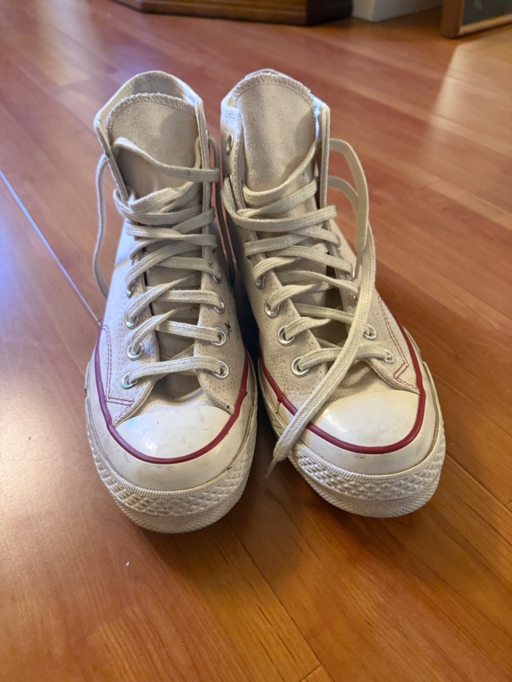 Women’s High-Top Canvas Sneakers in Light Beige with Red Trim